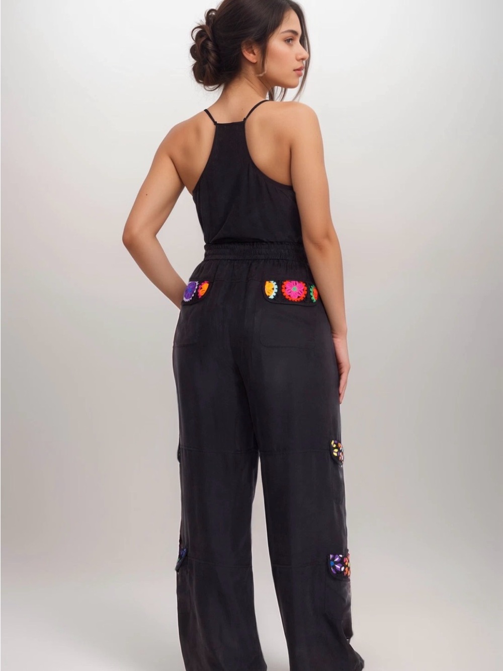 Johnny Was Biya Phillis XL Black Wide-Leg Cargo with Colorful Crochet Patches